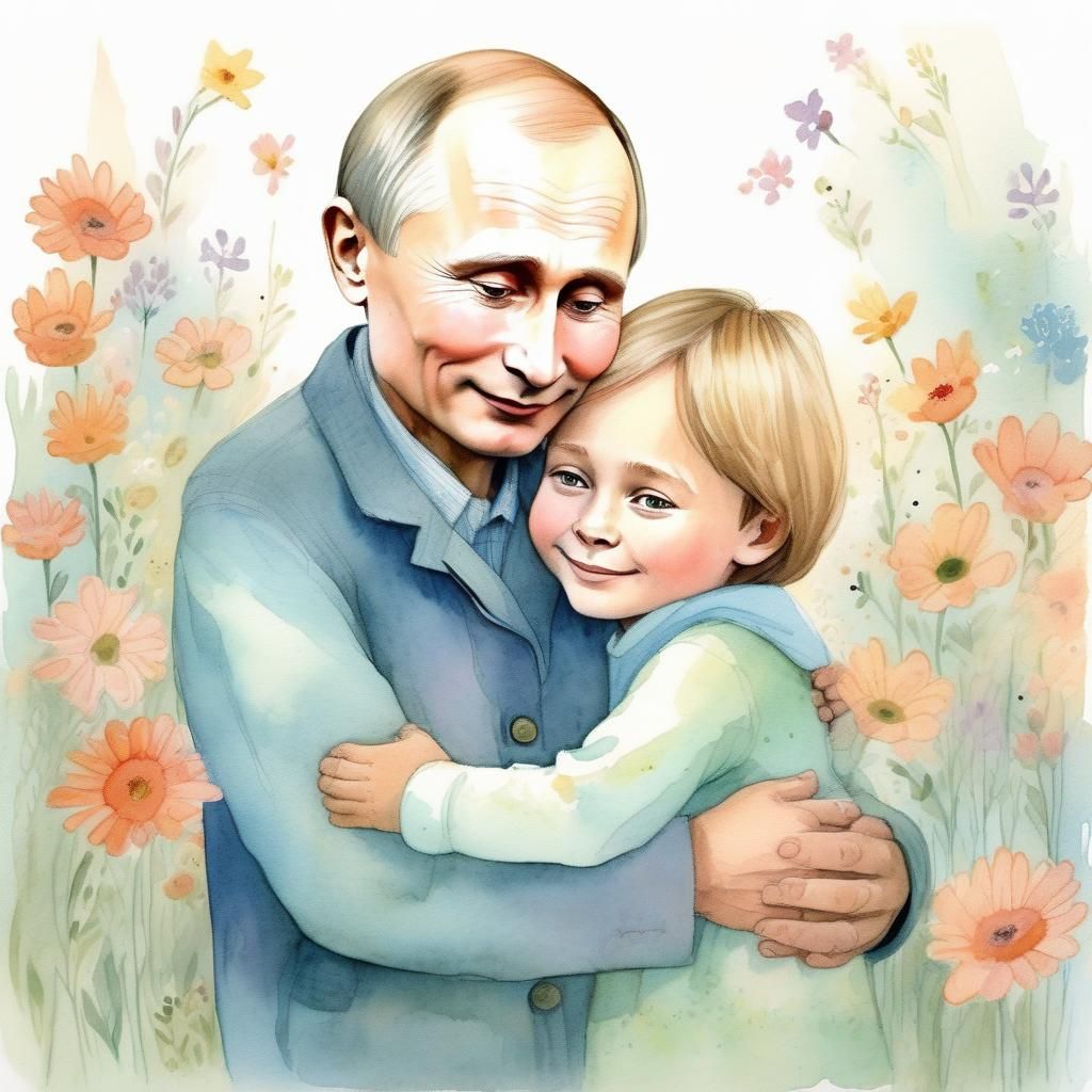 Watercolor Illustration of Character Hugging Kids