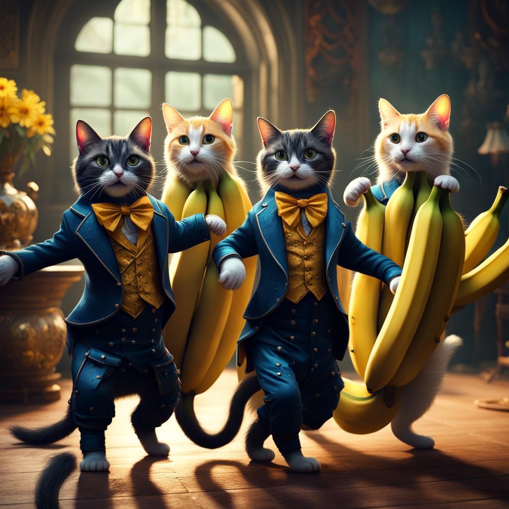 Dancing Cats in Gothic Clothes on Bananas