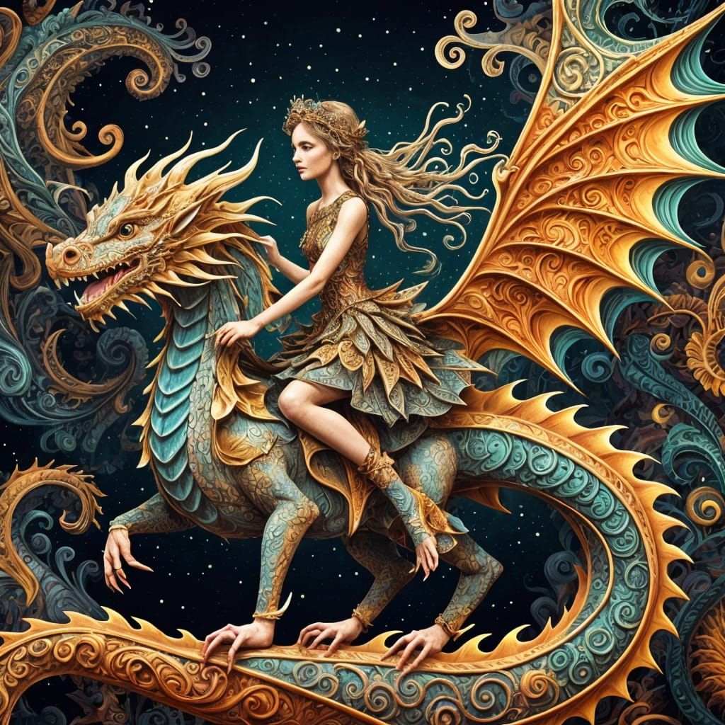 Fairy and Dragon in Abstract Folk Art Style