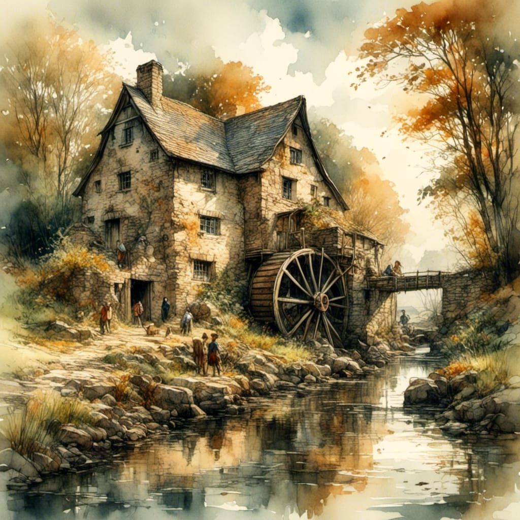 Historic Watermill in Soft Light, Watercolor Gouache