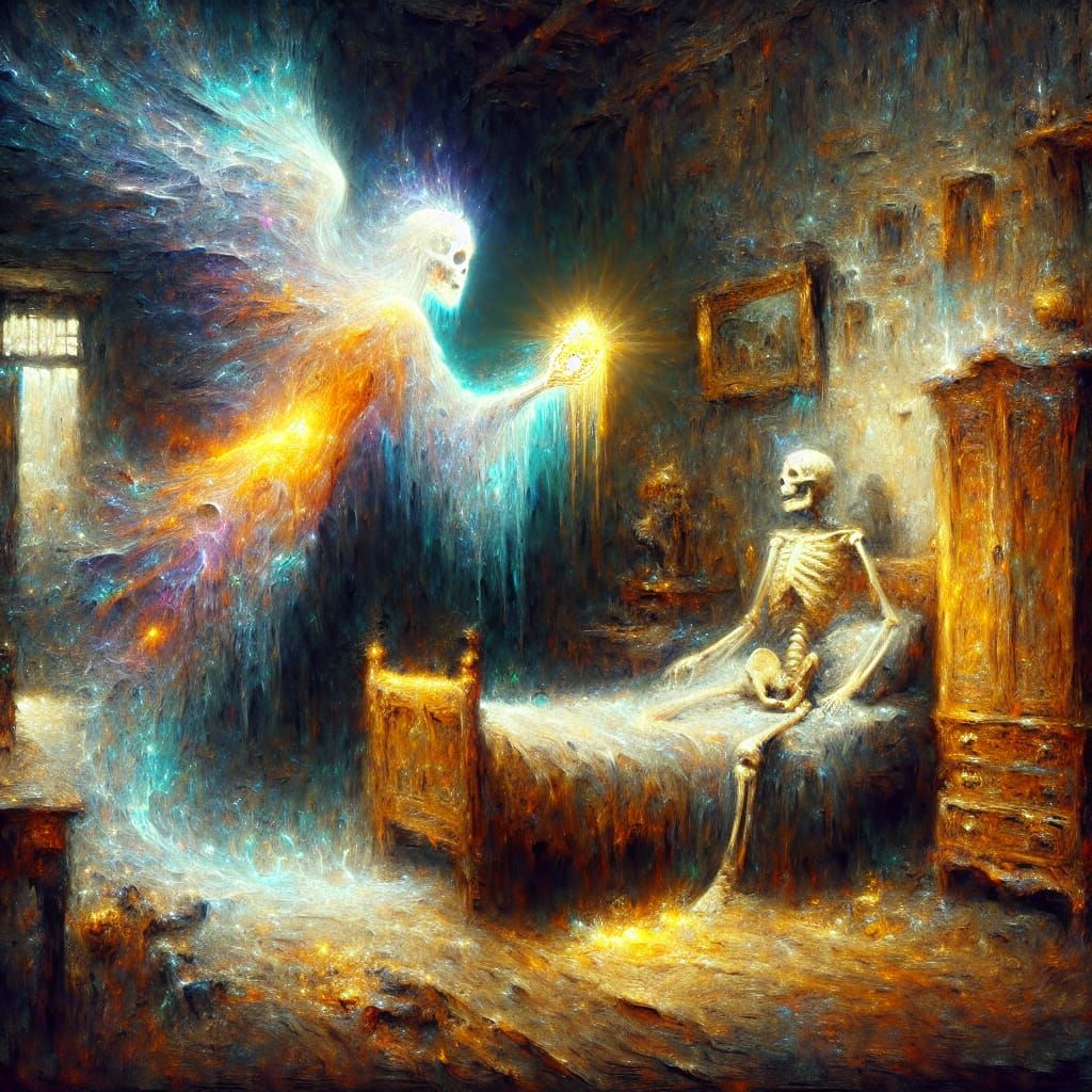 Ghost Offers Gold to Skeleton in Impressionist Style
