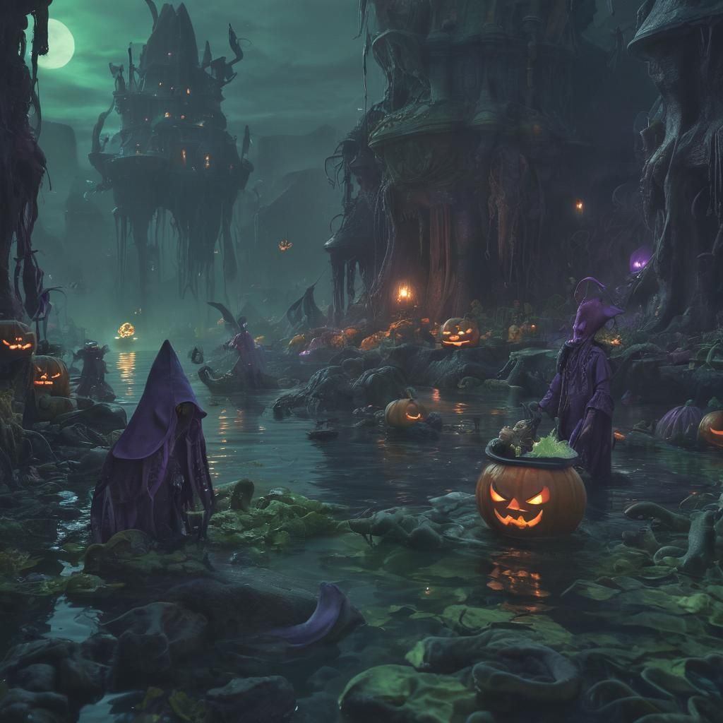 Underwater Halloween Celebration in Dark Fantasy Style