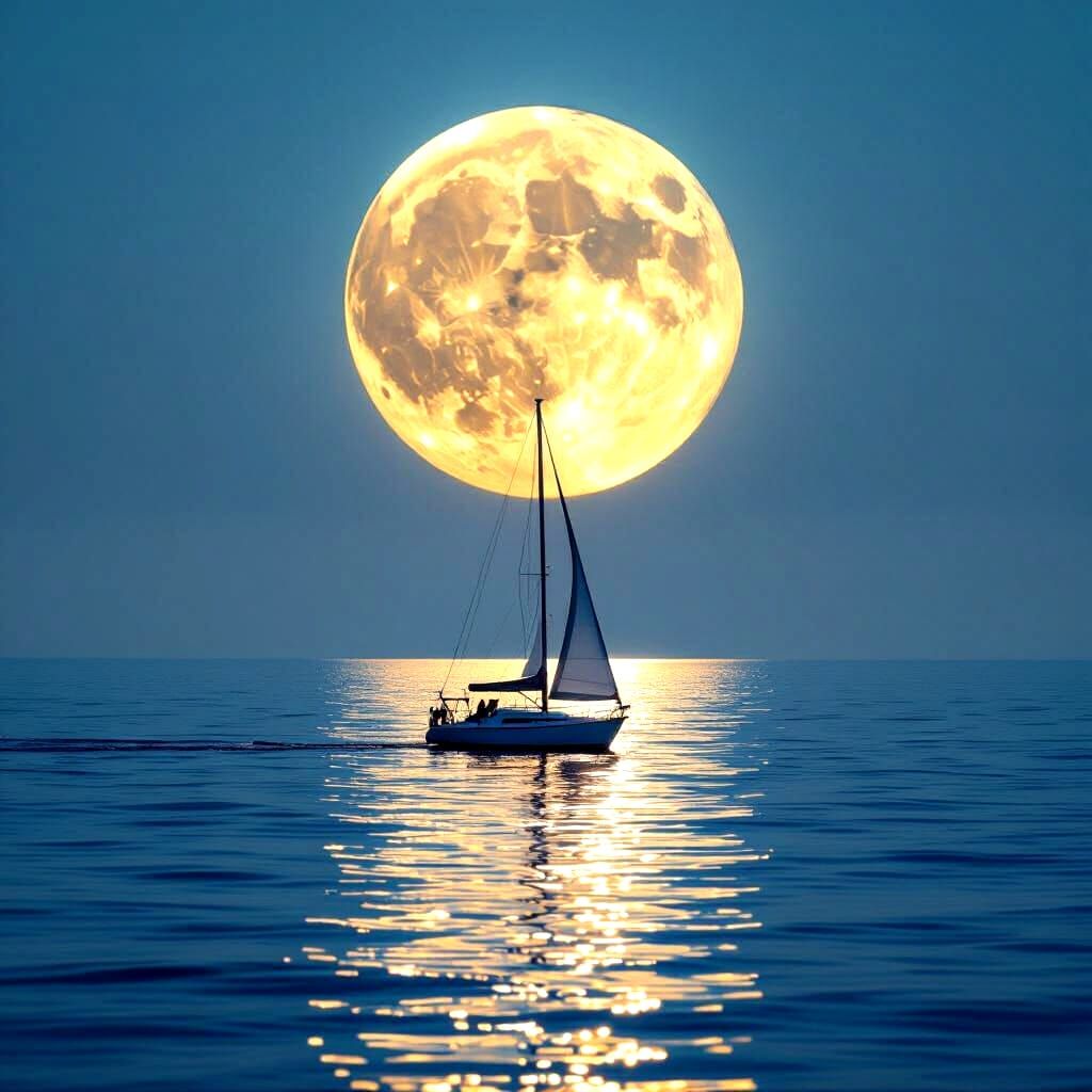 Sailboat Under a Giant Moon in Photorealistic Style