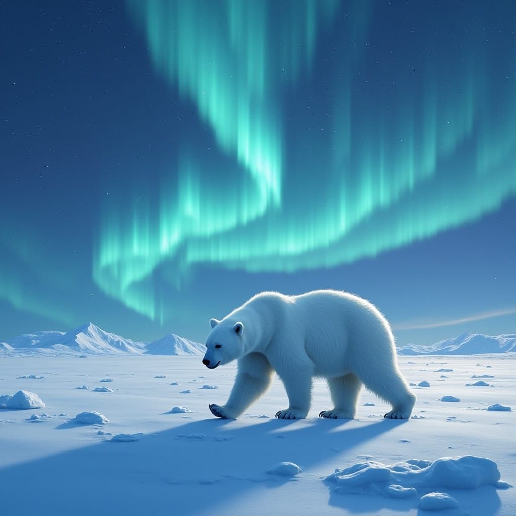 Ethereal Polar Bear Amidst Vibrant Northern Lights