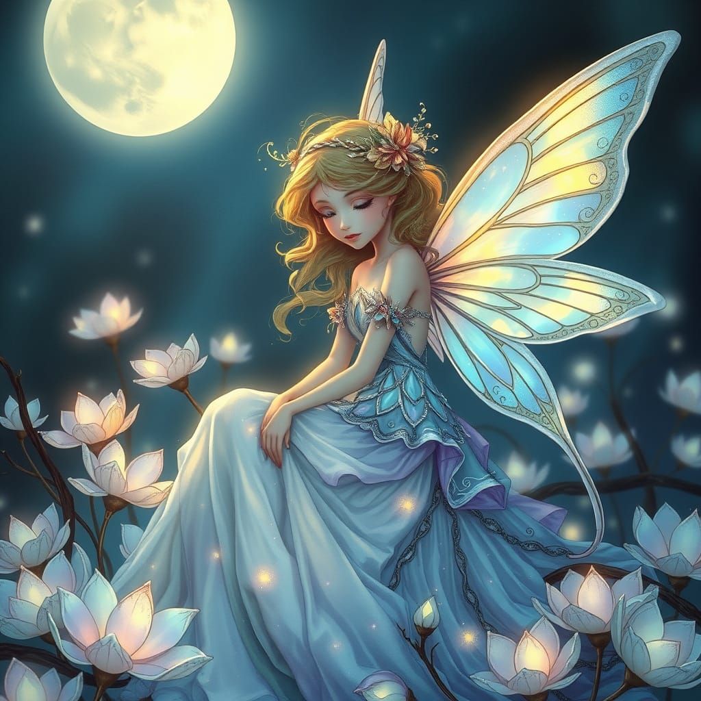 A fairy wearing An elaborate dress made of shimmering opales...