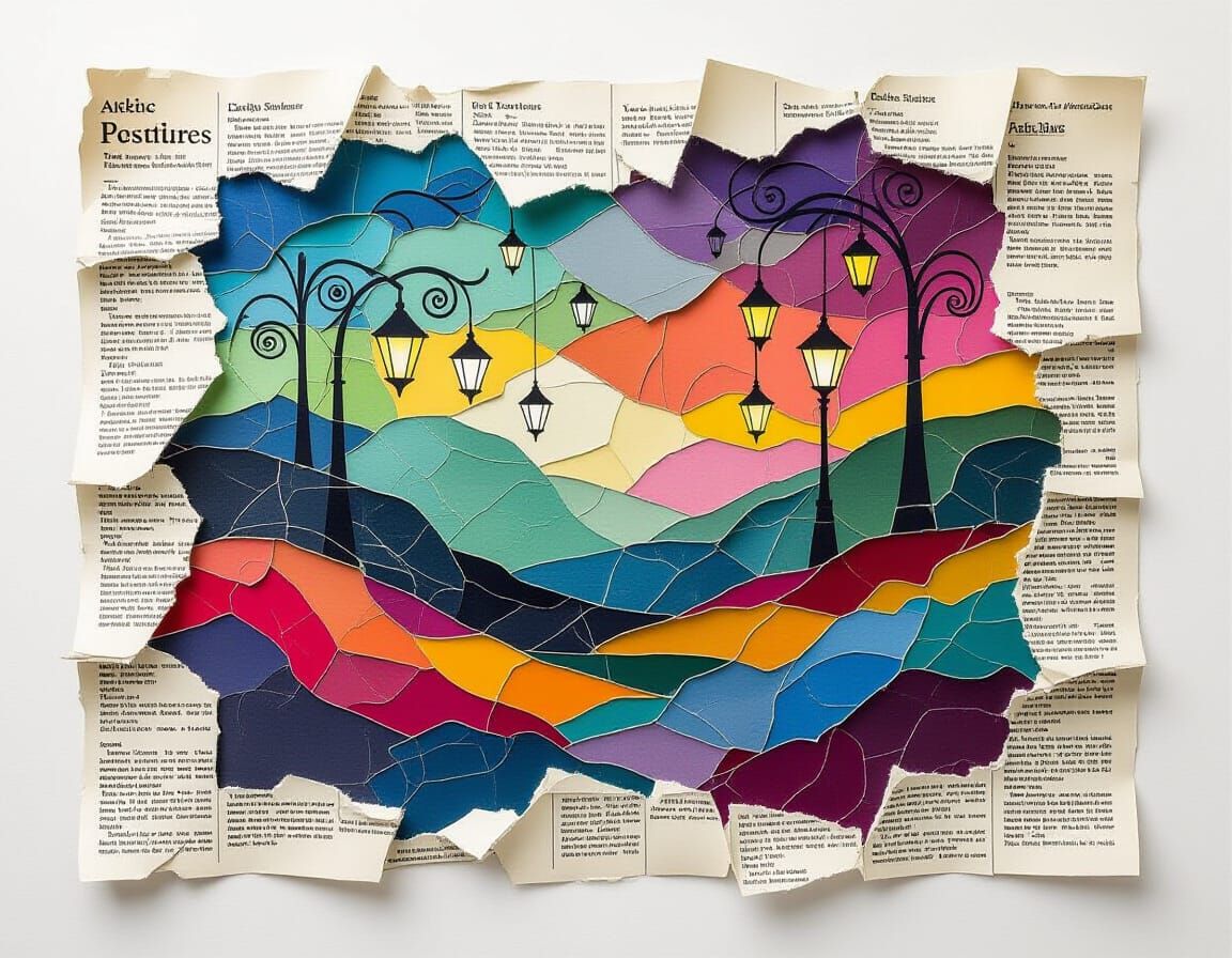 Abstract Landscape Made of Braided Newspaper in Digital Real...