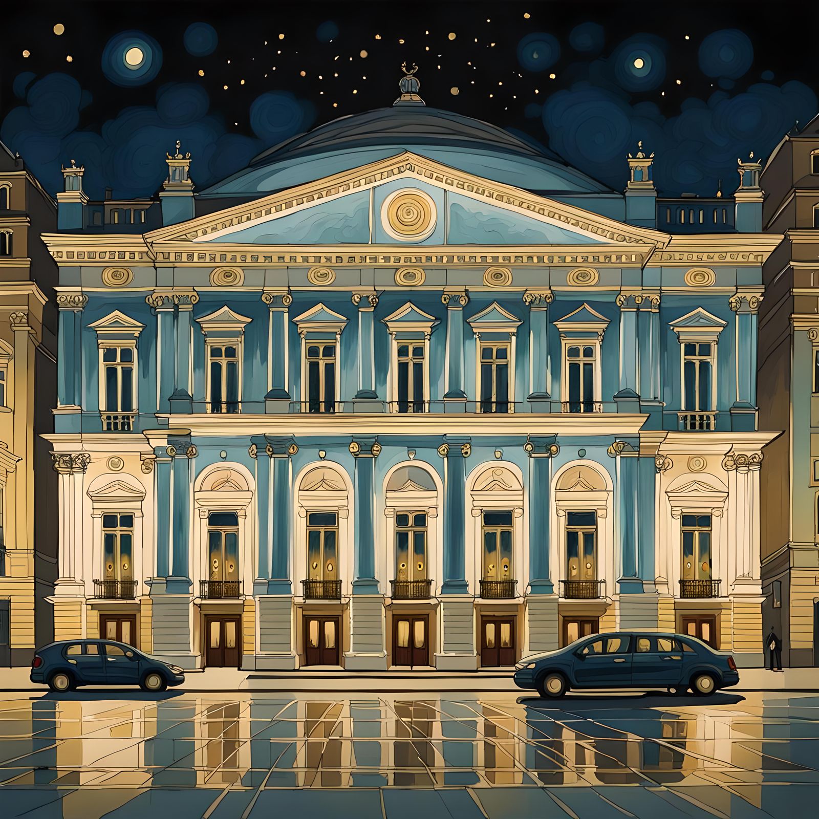 Neoclassical Theater Facade in Warsaw: Gouache Architectural...