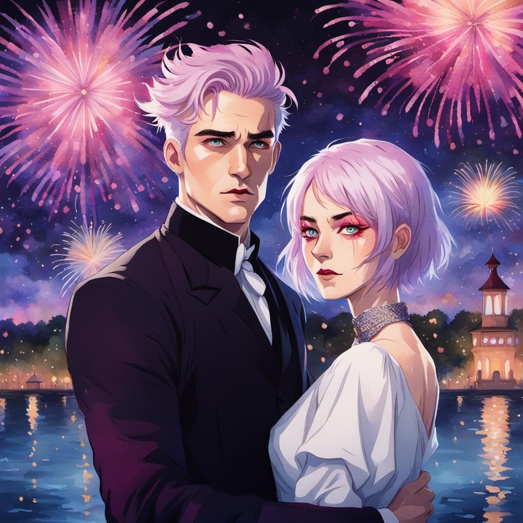 Pink-Haired Woman and Fireworks in Watercolor Style