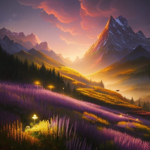 Mountain Sunset Oil Painting with Fireflies