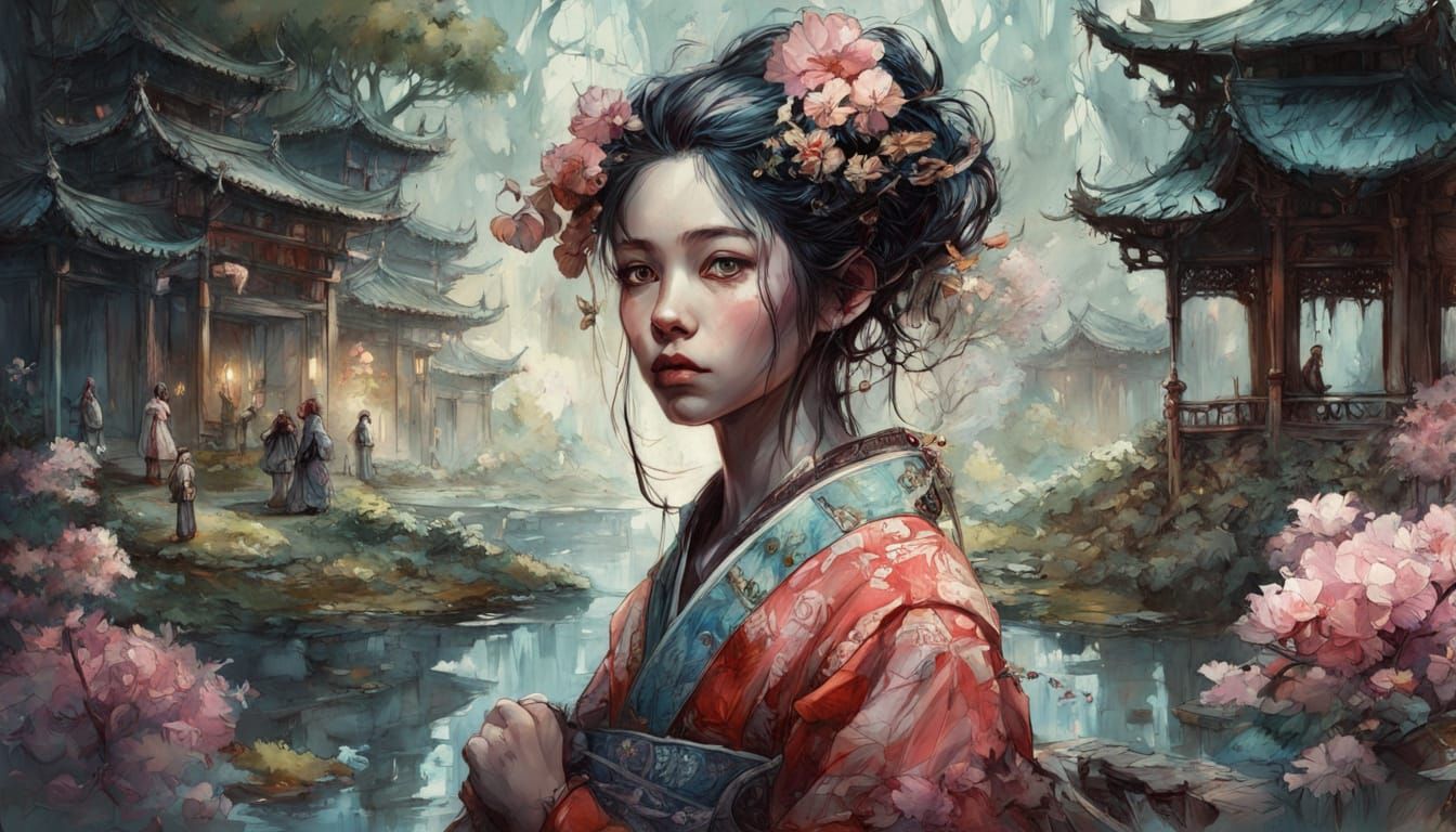 Geisha Touching Reflection in Fantasy Pond