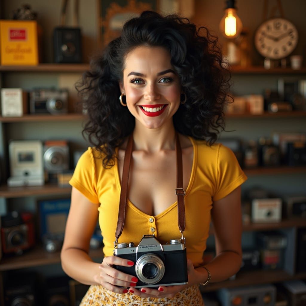 Warm Portrait of a 1950s Woman with Vintage Camera