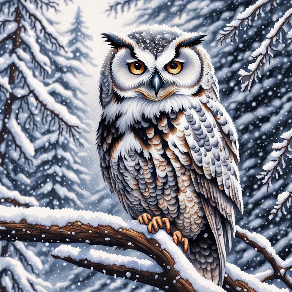 Cross Stitch Owl in Snowy Tree
