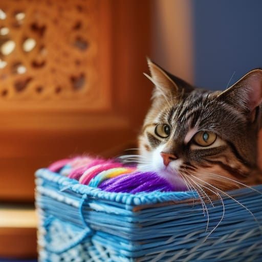 Hyperdetailed Cat in Antique Yarn Box