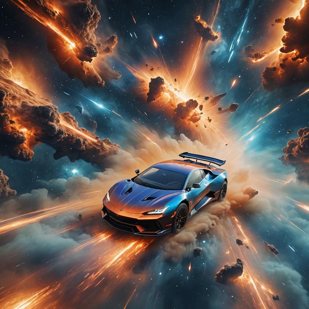 Sleek Space Car Soaring Through Nebula