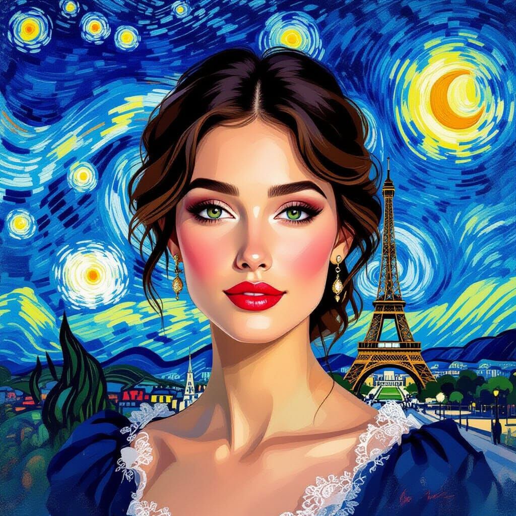 Starry Night Portrait with Eiffel Tower, in Impressionist St...