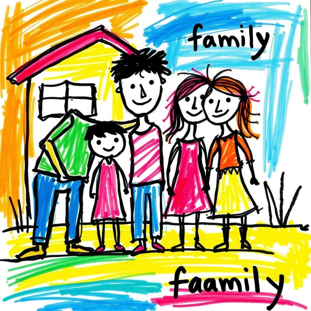 "Poorly Drawn" Child-Like Art
crude
child-like drawing
crayons
very badly drawn extremely vibrant family drawing with th...