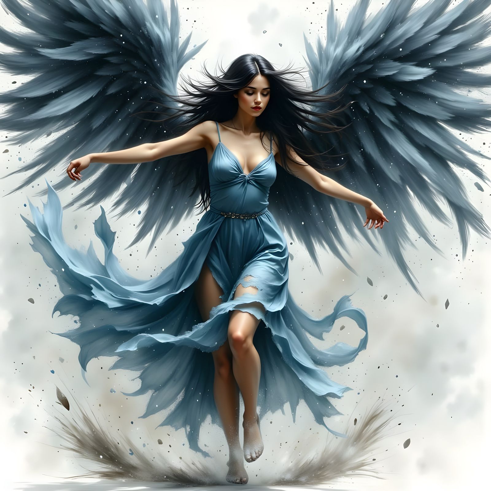 Angel Leaping in Tempest: Hyperrealistic Ink Art