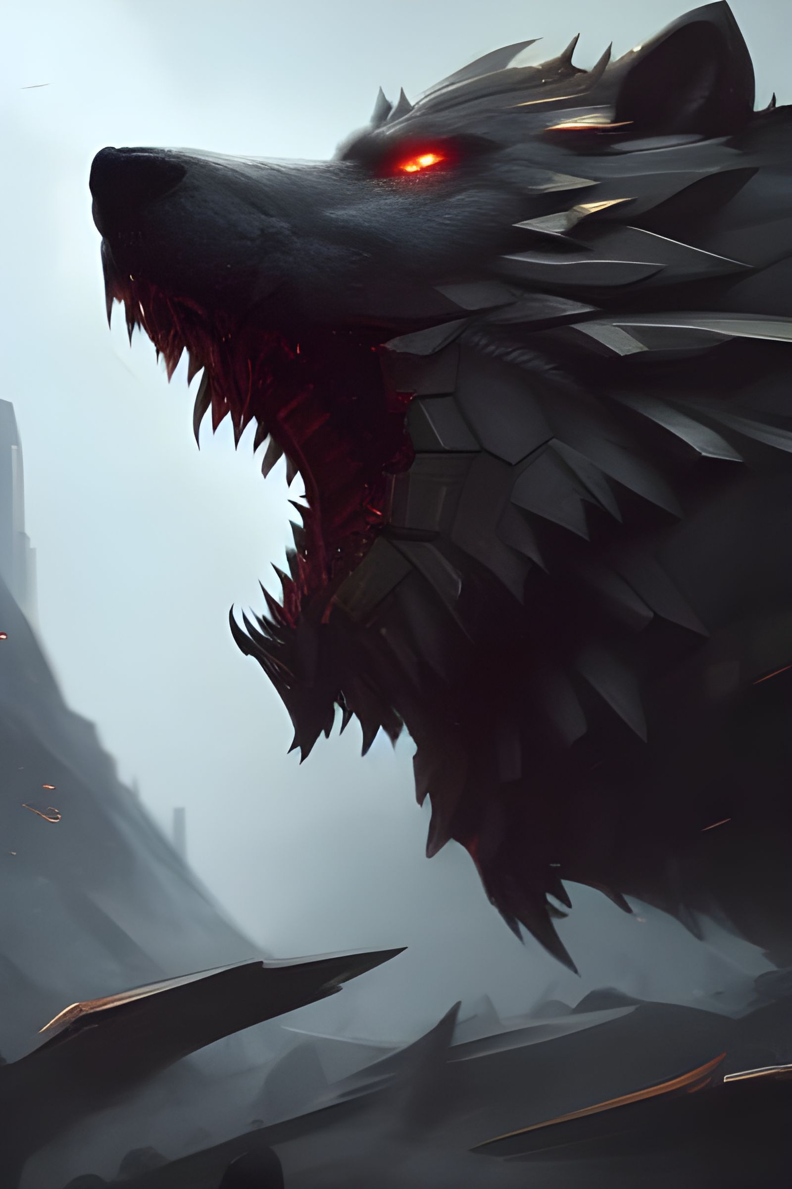 Armored Dire Wolf Concept Art in Dark Fantasy Style
