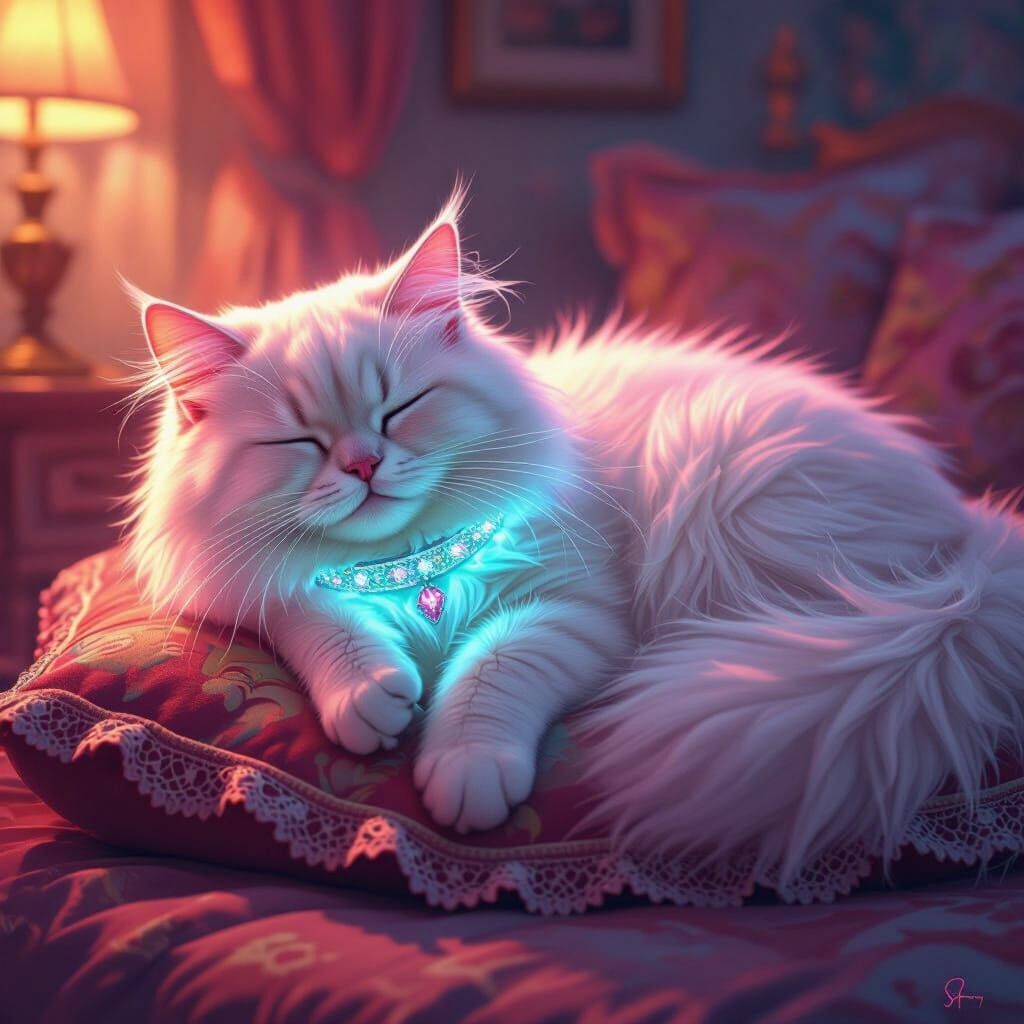 Neon Persian Cat Sleeping: Futuristic Digital Art