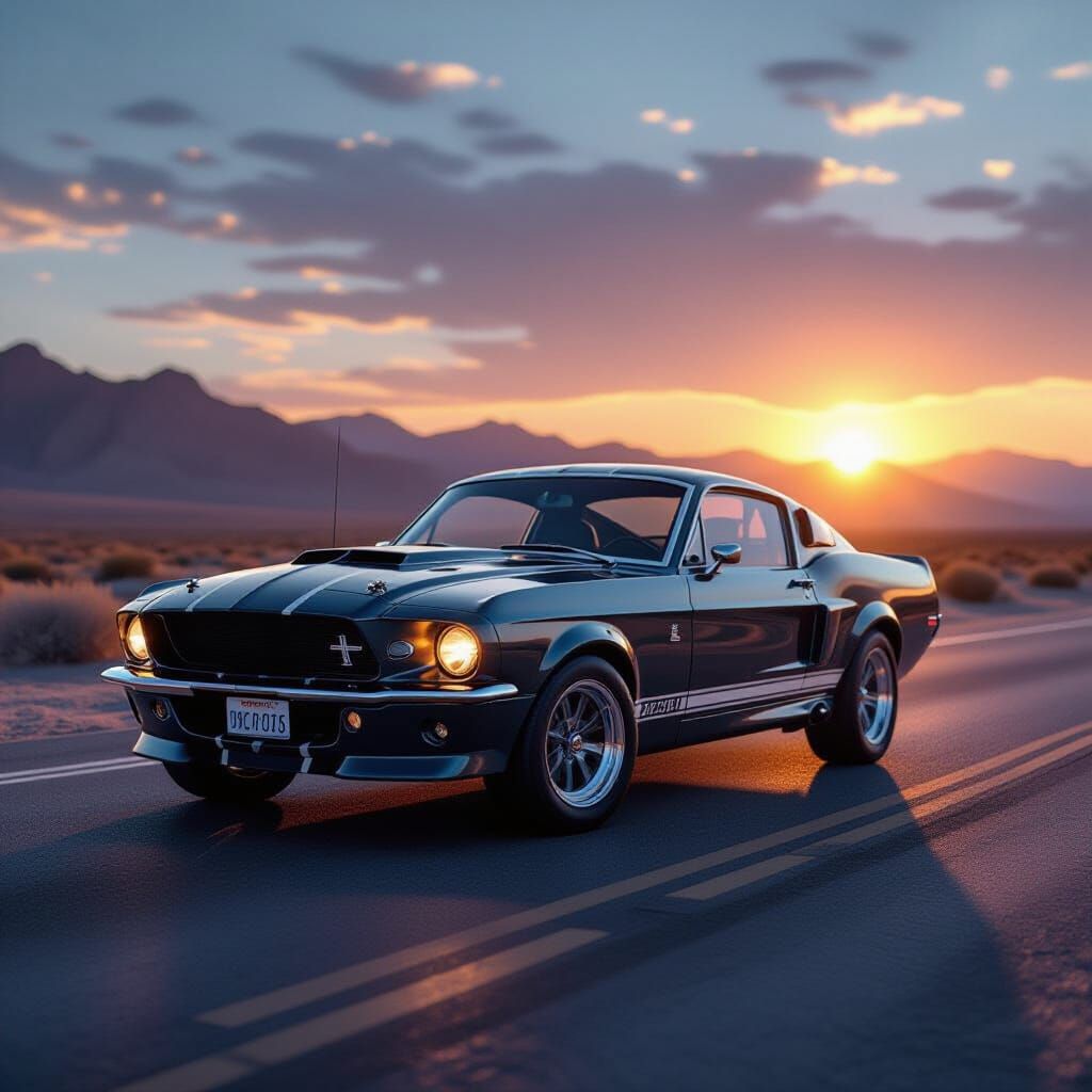 Shelby GT-500 on Desert Highway at Sunset