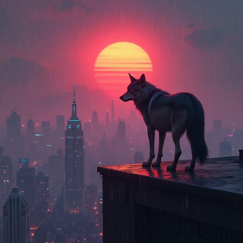 Cyberpunk Dire Wolf Surveys Dystopian Cityscape