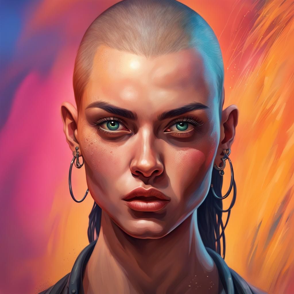 Hyperrealistic Portrait of a Muscular Woman with Shaved Head