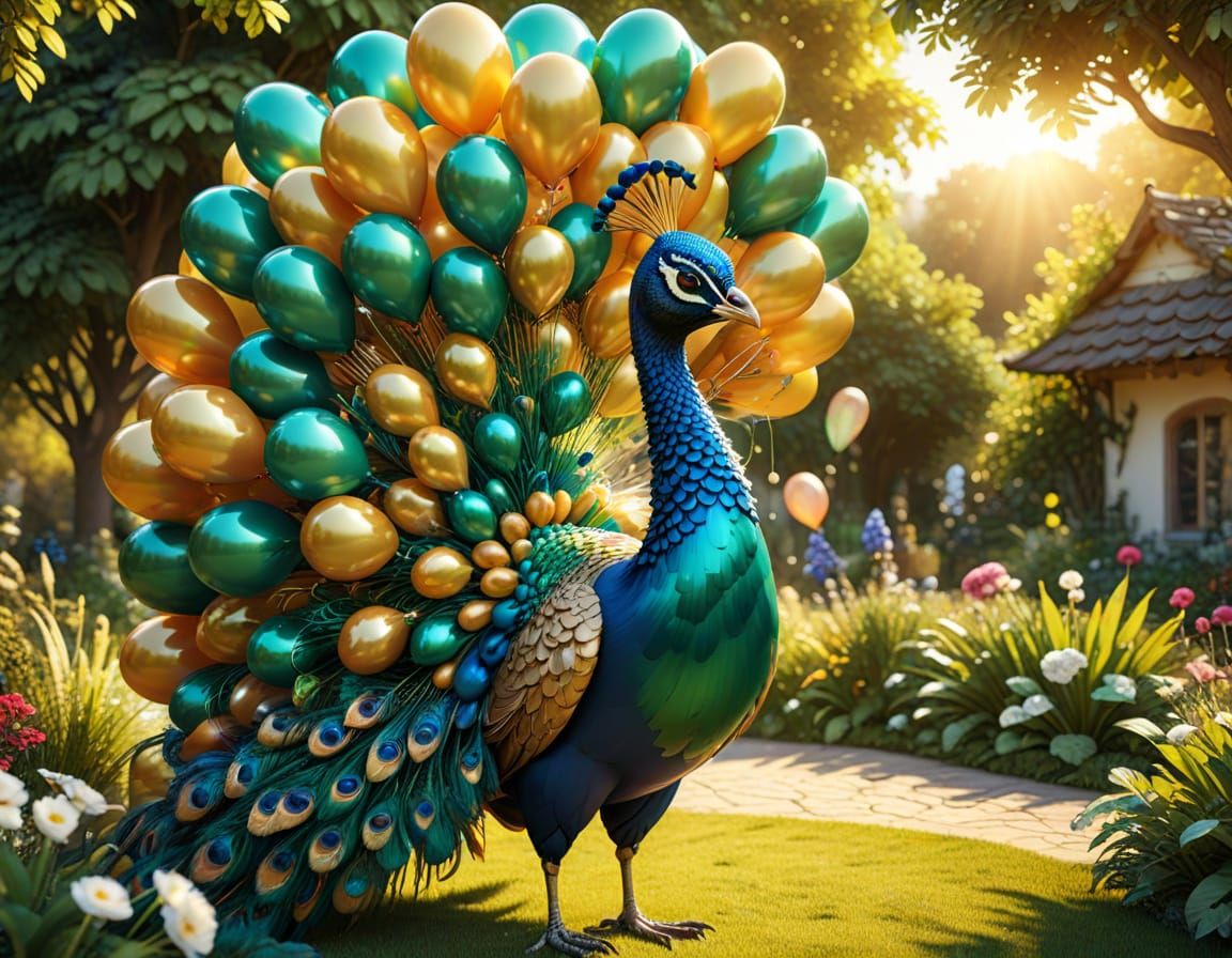 Balloon Peacock in Sunny Garden: Digital Art