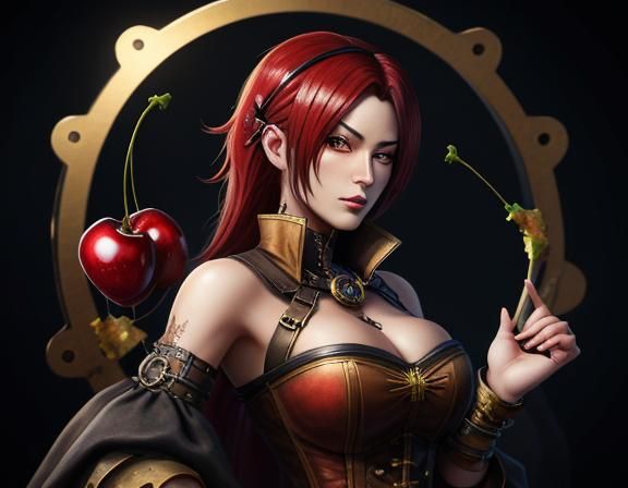 Steampunk Anime Woman with Cherries: Detailed Matte Painting