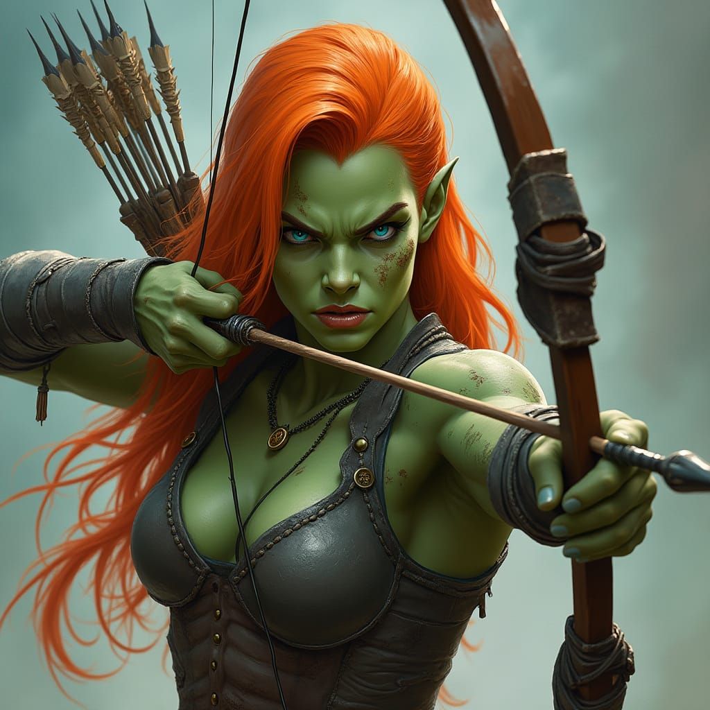 Female Half-Orc Ranger Ready to Shoot Arrow