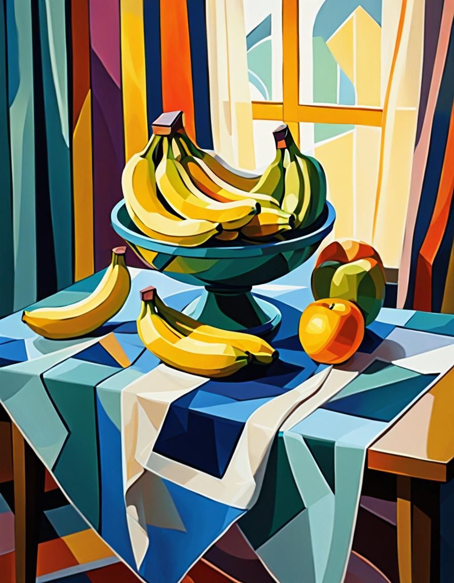Cubist Bananas on Silk Fabric in Geometric Fauvism