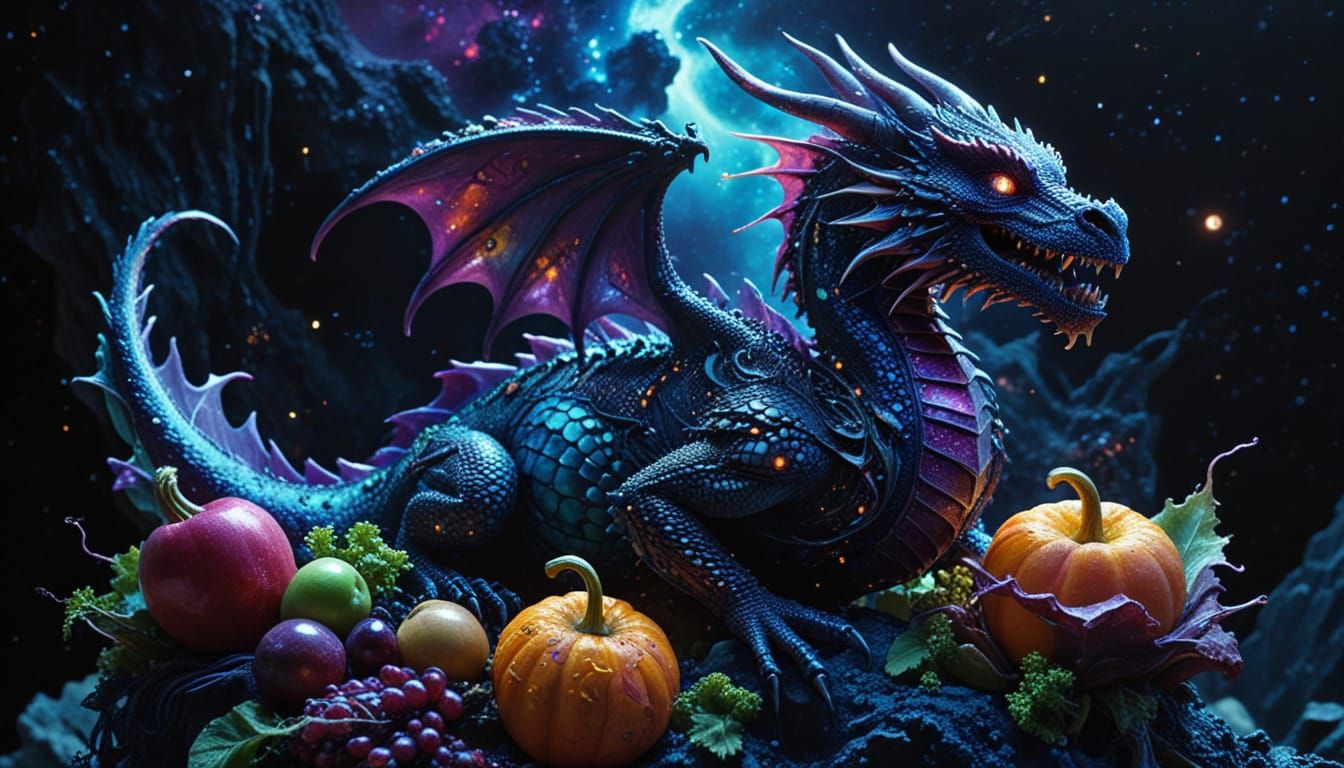 Bioluminescent Fruit Dragon on Spaceship, Acid Ink Style