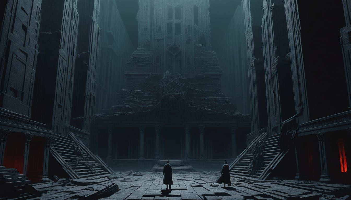 Apocalyptic Brutalist Abyss with Falling Souls and Red Haze