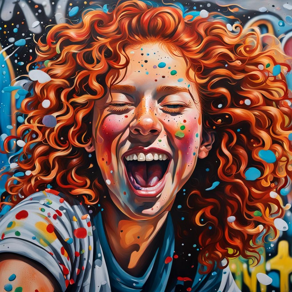 Joyful Redhead in Hyper-Maximalist Graffiti Style