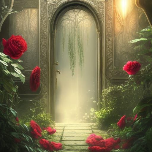 Ethereal Mirror Maze with Golden Paths and Roses