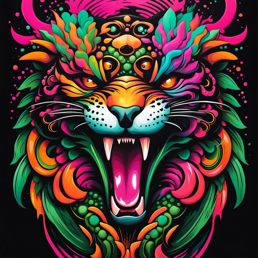 Colorful Jaguar Anaconda Eagle Totem in Graffiti Art