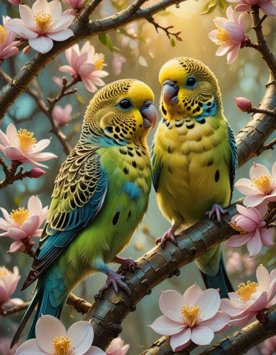 Baby Budgerigars on Magnolia Tree: Impasto Oil Painting