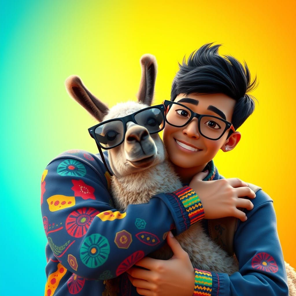 Vibrant Hispanic Man Embracing a Bespectacled Llama in Whims...