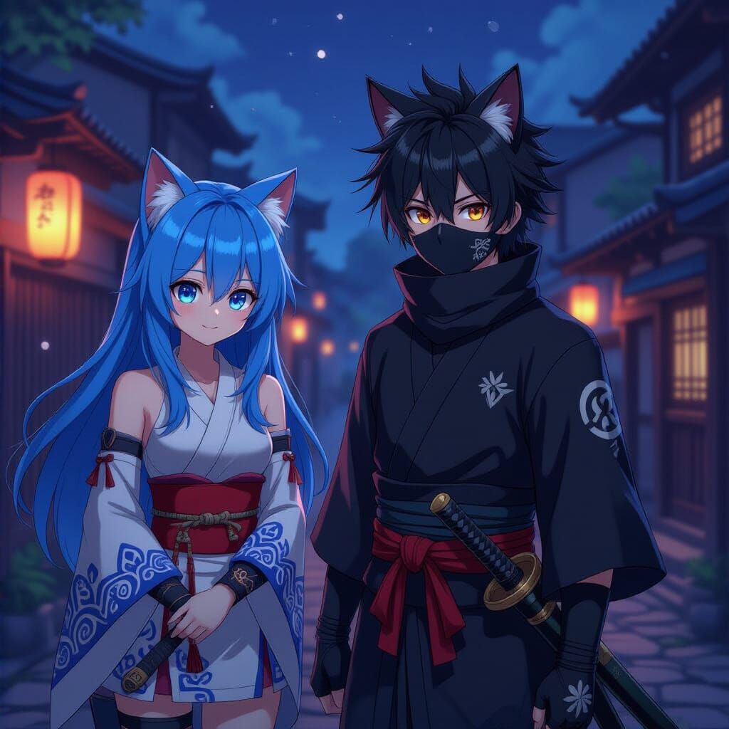 Anime Ninja Couple with Cat Ears in 3D Style