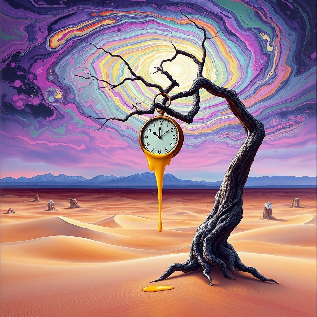 Dreamlike Clockscape in Vibrant, Swirling Vortex
