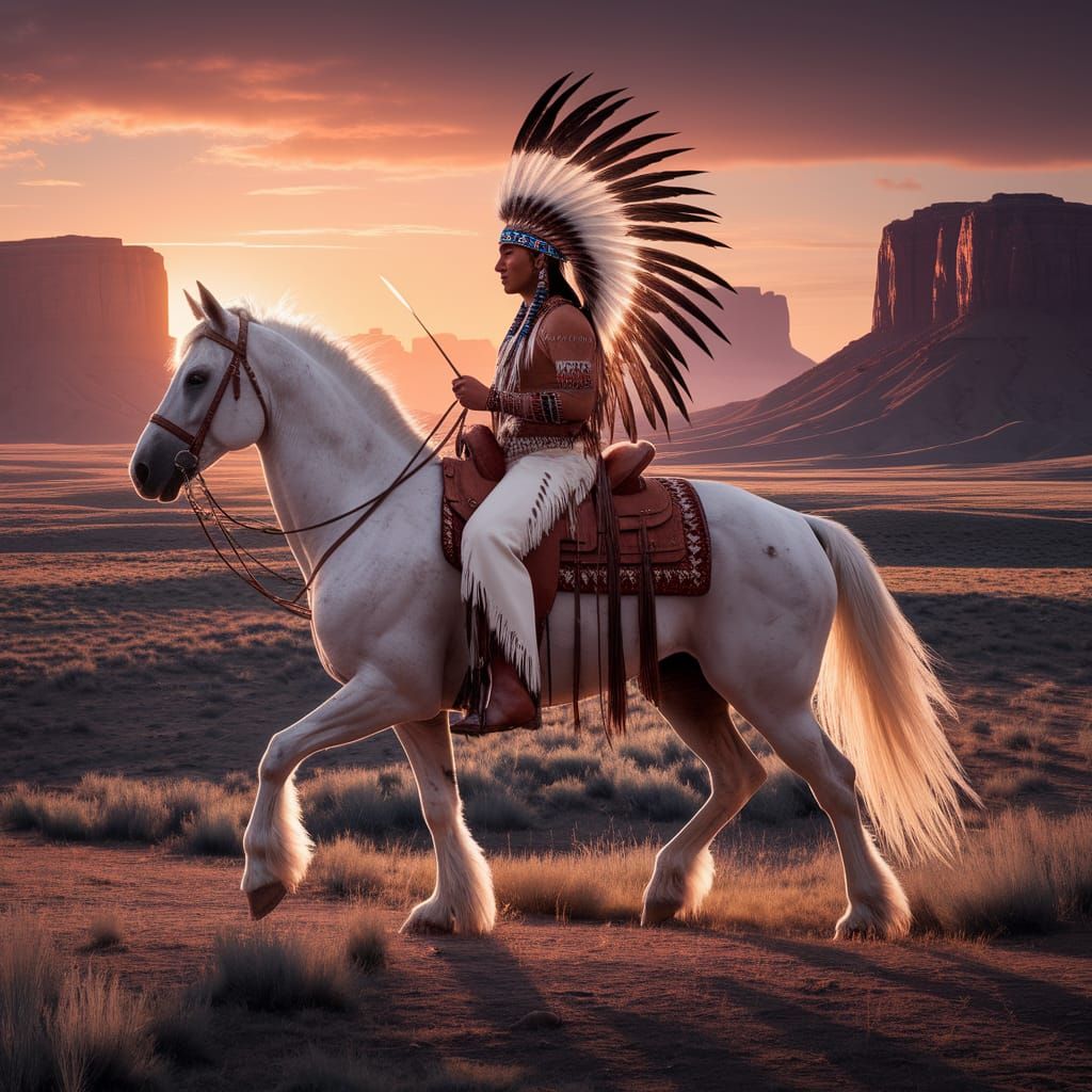 Native American Warrior on White Horse at Sunset
