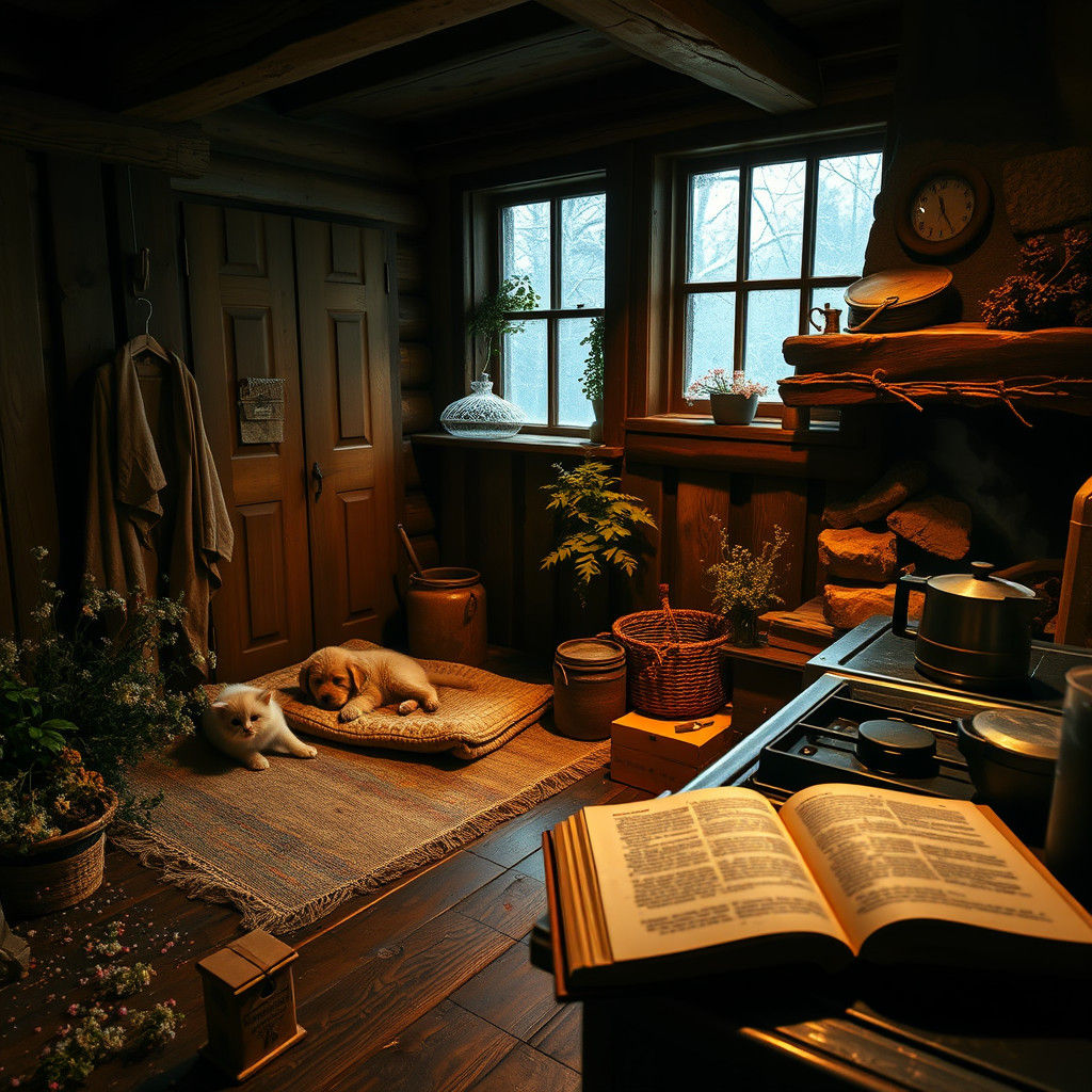 Rustic Cabin Kitchen with Puppy, Warm Lighting