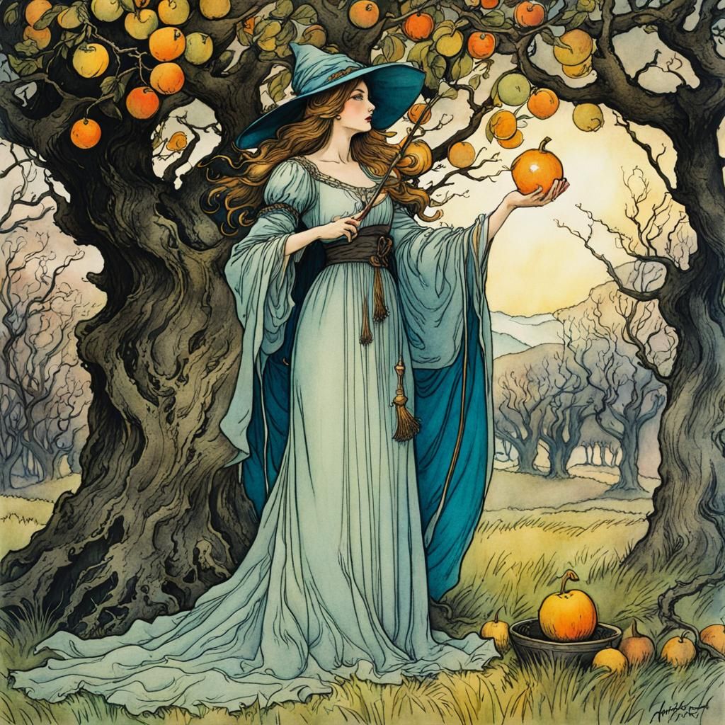 Sorceress Casting Spell in Orchard as Golden Age Illustratio...