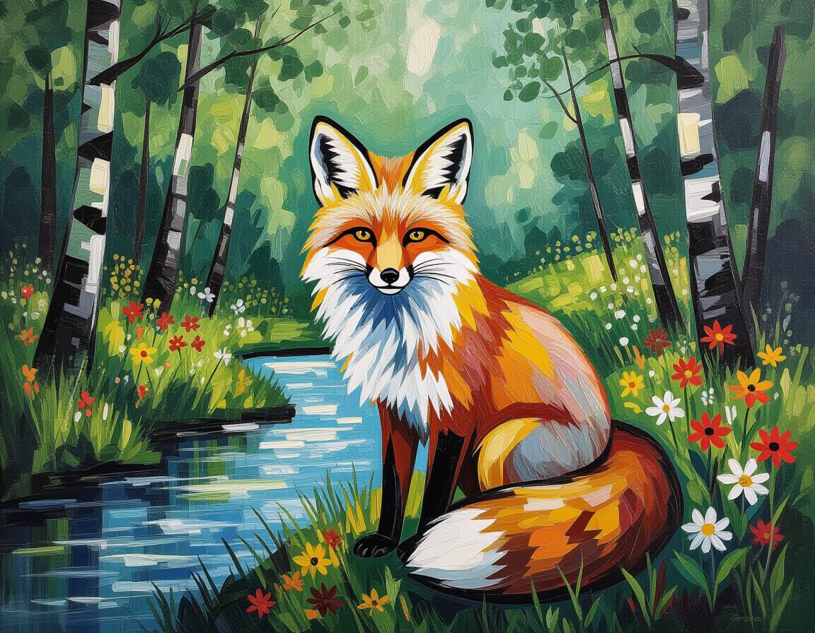 Grey Fox in Forested Riparian, Expressionist Impasto Paintin...