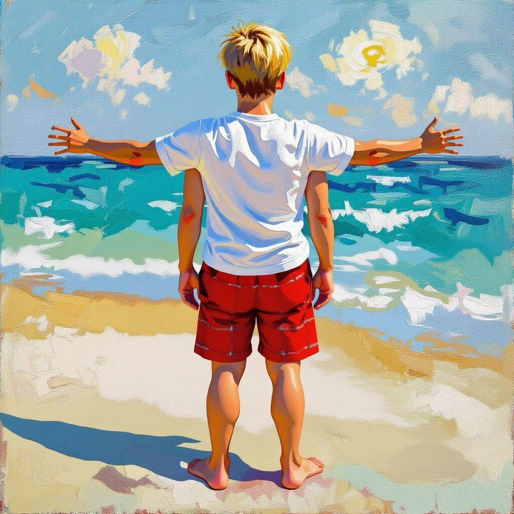 Boy Writing on Beach in Neo-Impressionist Style