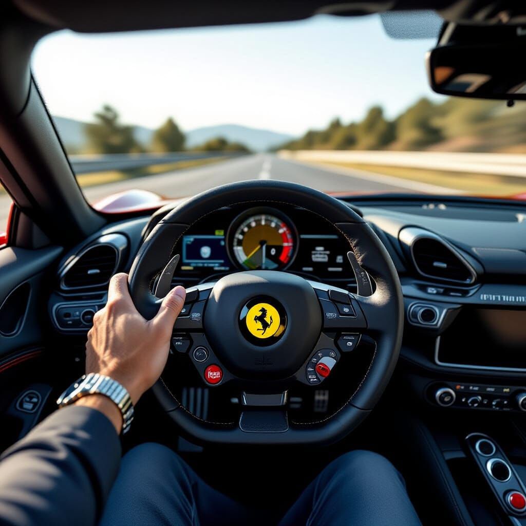 POV Ferrari Drive: Luxury Watch on Steering Wheel