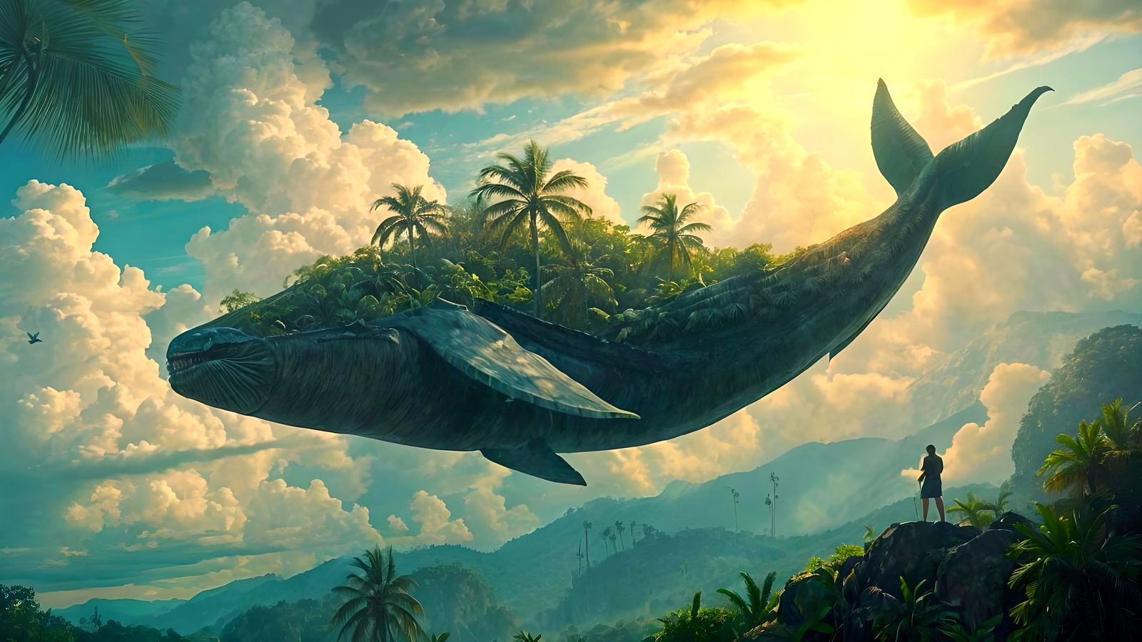 Majestic Whale Soaring Through Tropical Skies