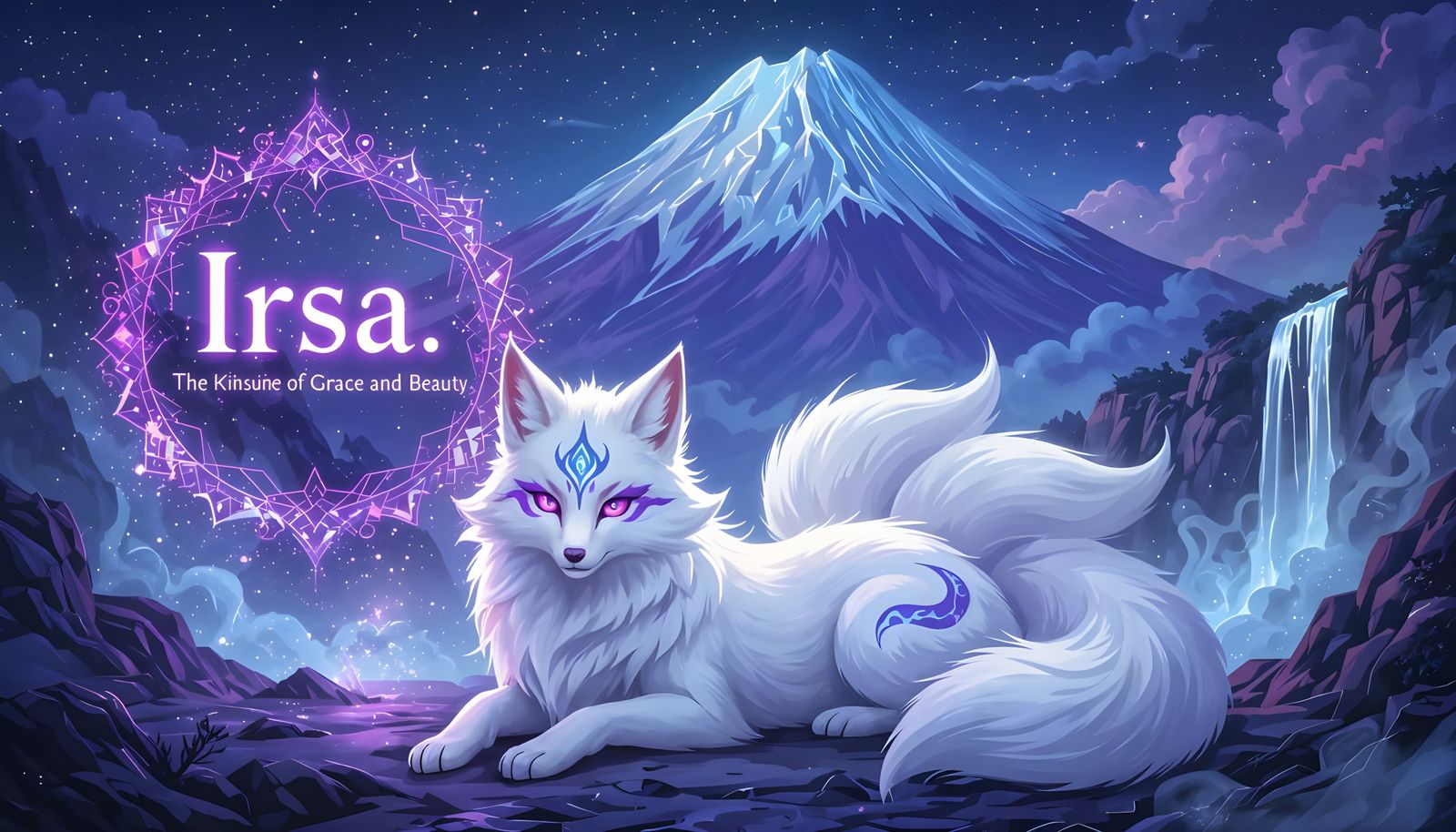 Magical Kitsune by Iridescent Waterfall Oil Painting