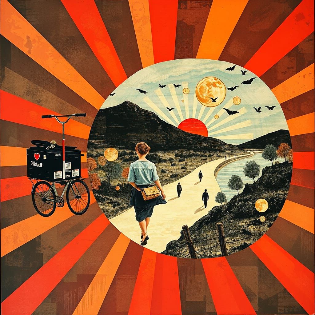 Nostalgic Memoryscape with Radial Line Art and Collage