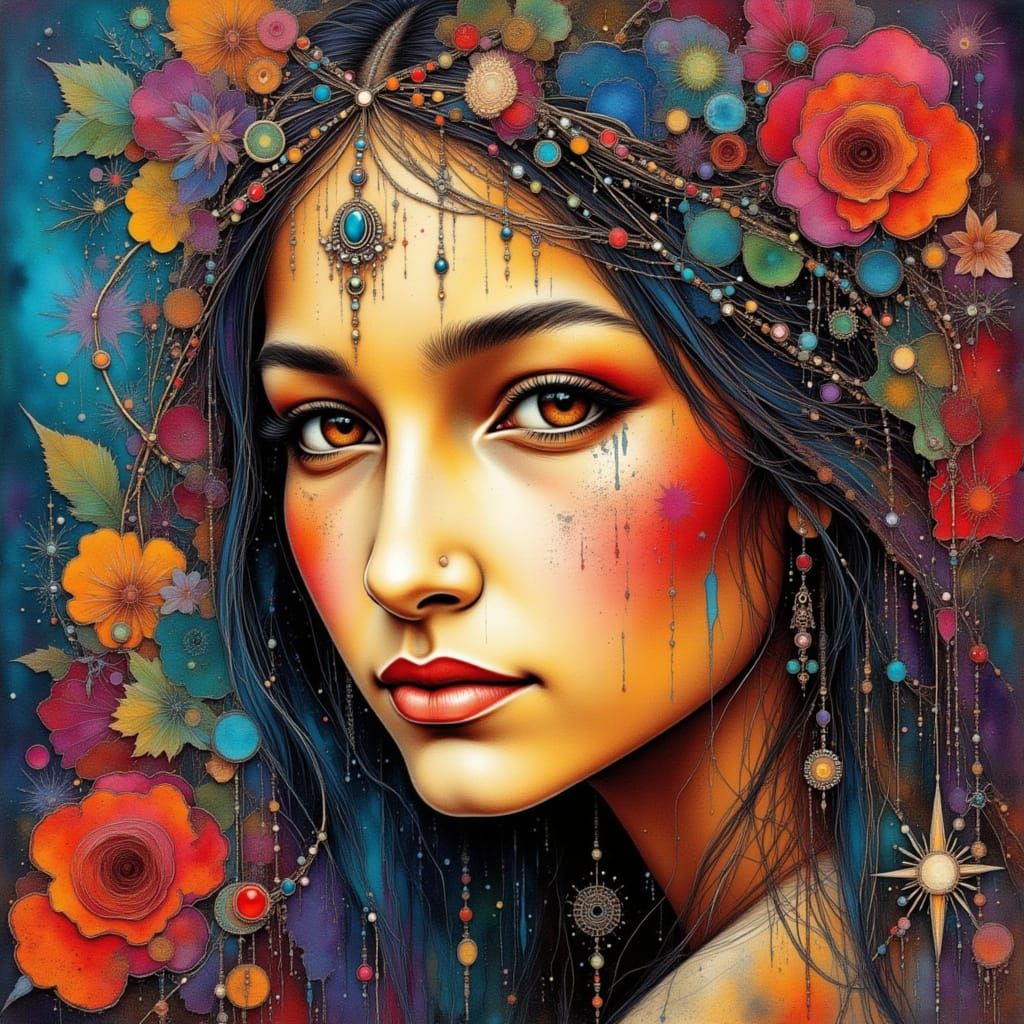 <lora:Expressive Portrait:1.0> <lora:Extraordinary Detail:1.0> <lora:Archetypal Images:1.0> Portrait of a young native g...