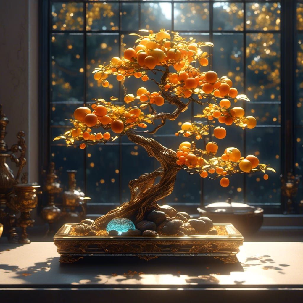 Bonsai Tree with Gold and Glass Fruit